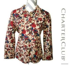 Charter Club womens blazer size Large multicolor floral w/ neutral background.